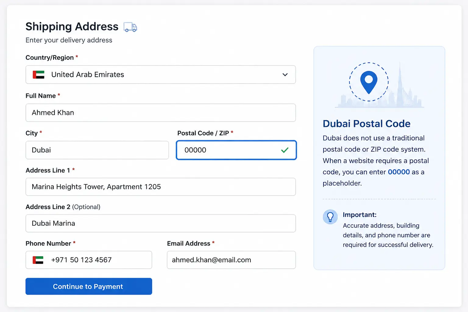 Dubai postal code 00000 example for online forms