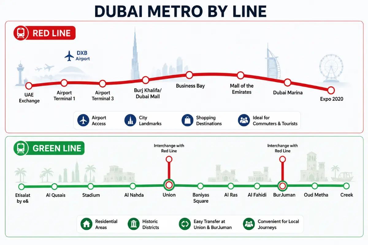 Dubai metro red and green line map