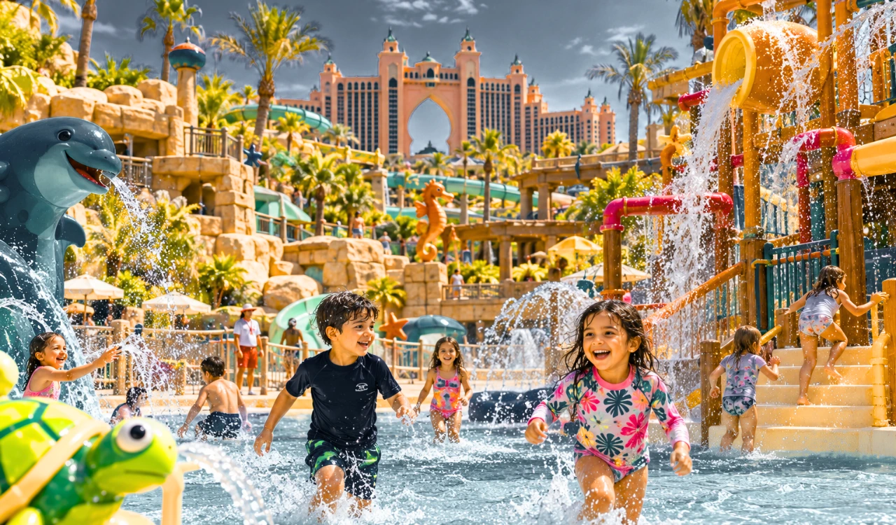 children enjoying shallow pools, splash fountains and colourful water play structures at Atlantis Aquaventure Dubai.