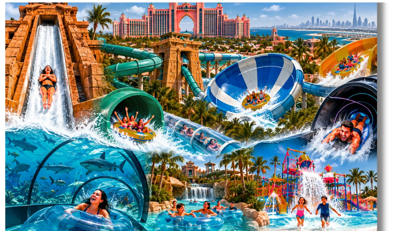 Atlantis Aquaventure Dubai waterpark with thrilling slides, water rides, lazy river and tropical pools.