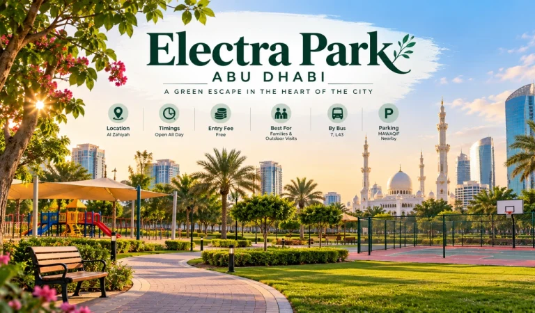 Electra Park Abu Dhabi with green lawns, walking paths, children's playground and basketball court.