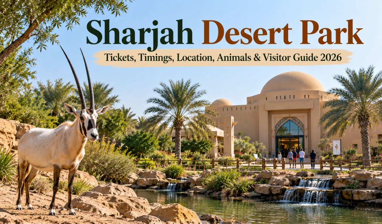 Sharjah Desert Park entrance and Arabian oryx in a wildlife setting